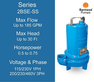 Barmesa 2BSE-SS Series Light Duty Residential 0.75 Horsepower Sewage Pumps